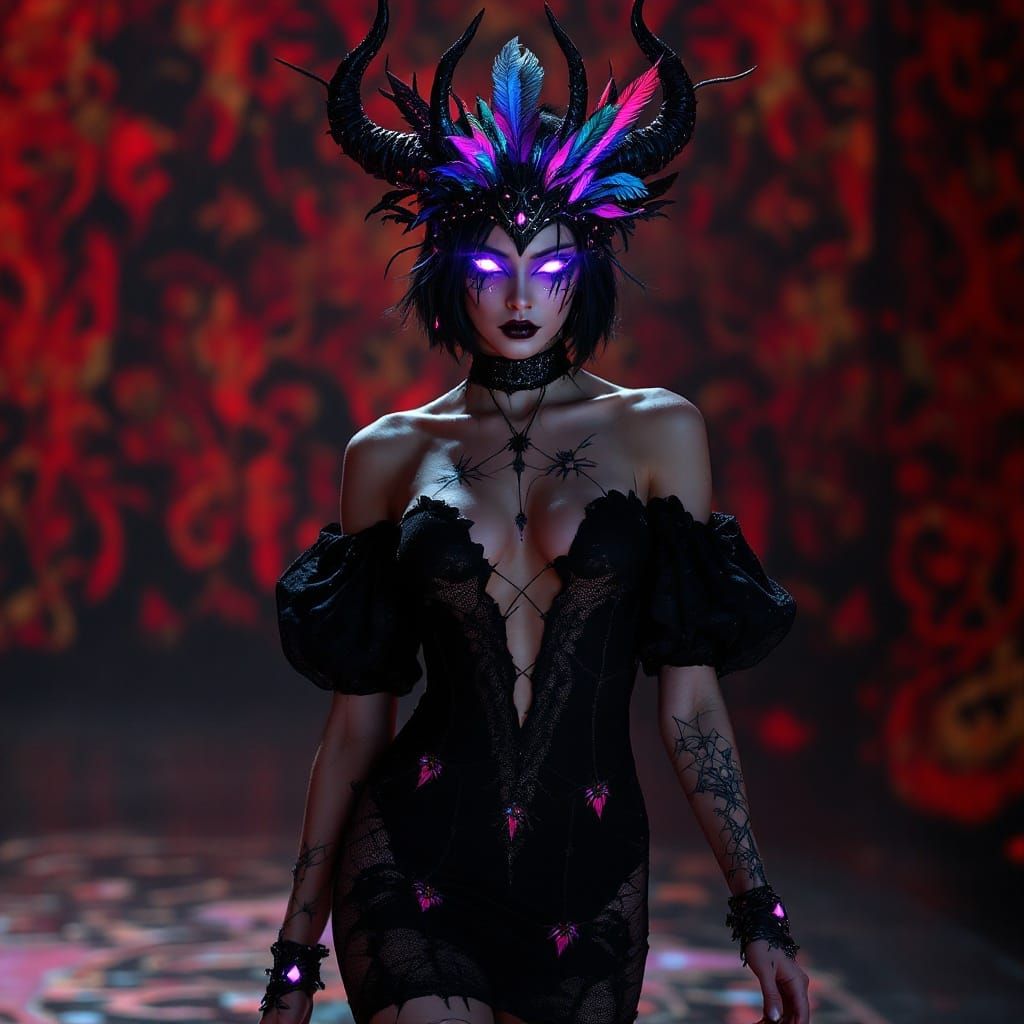 Goth Runway Model Exudes Mystery in Dark, Whimsical Scene