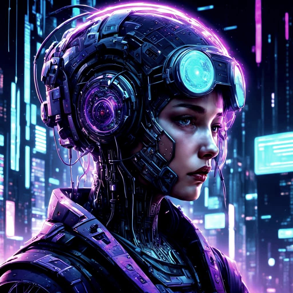 Cyberpunk Netrunner Falling Through Holographic Data Streams