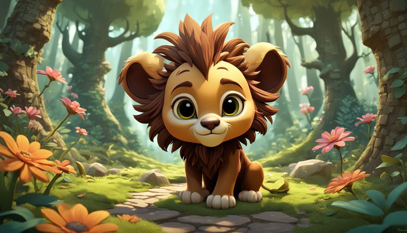 Cute Lion Cub in Fairy Forest, Cartoon Style