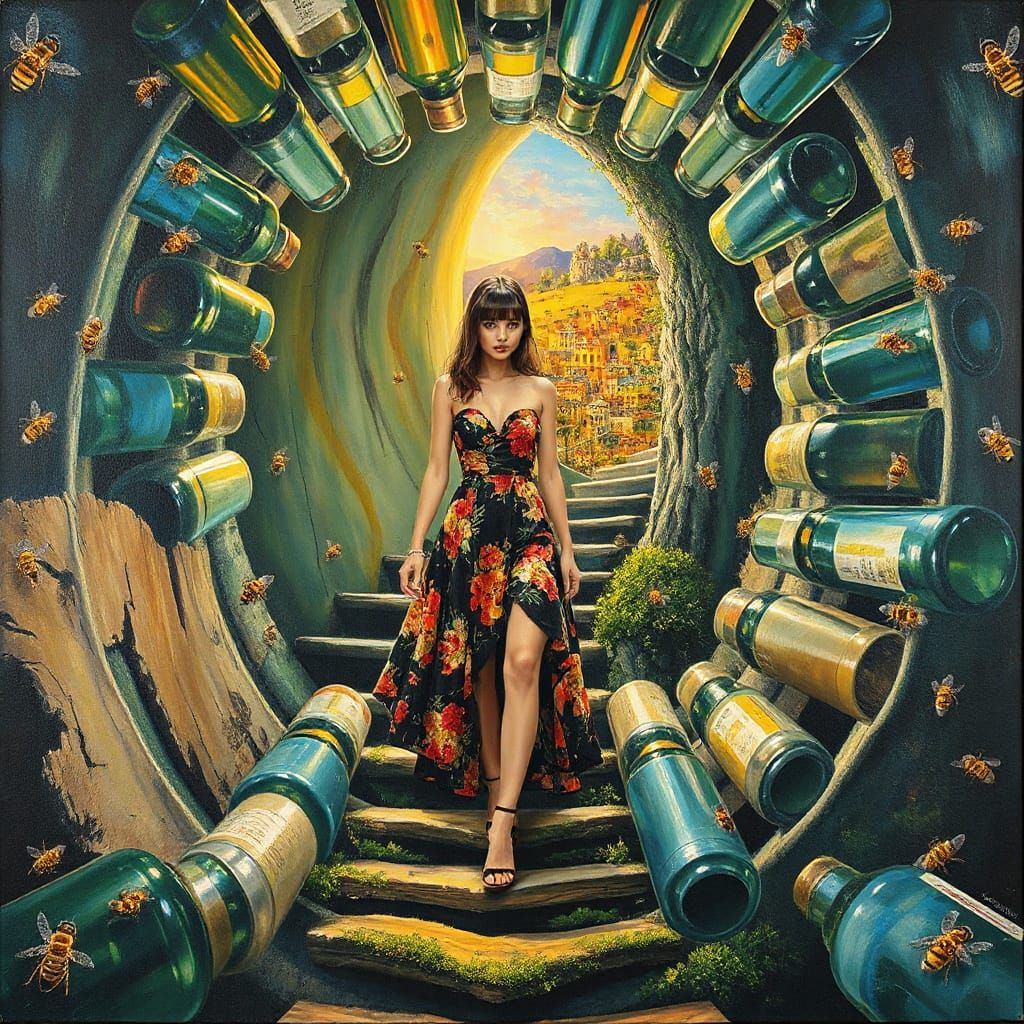 Fashionista at Vertigo Staircase in Neo-Impressionist Style