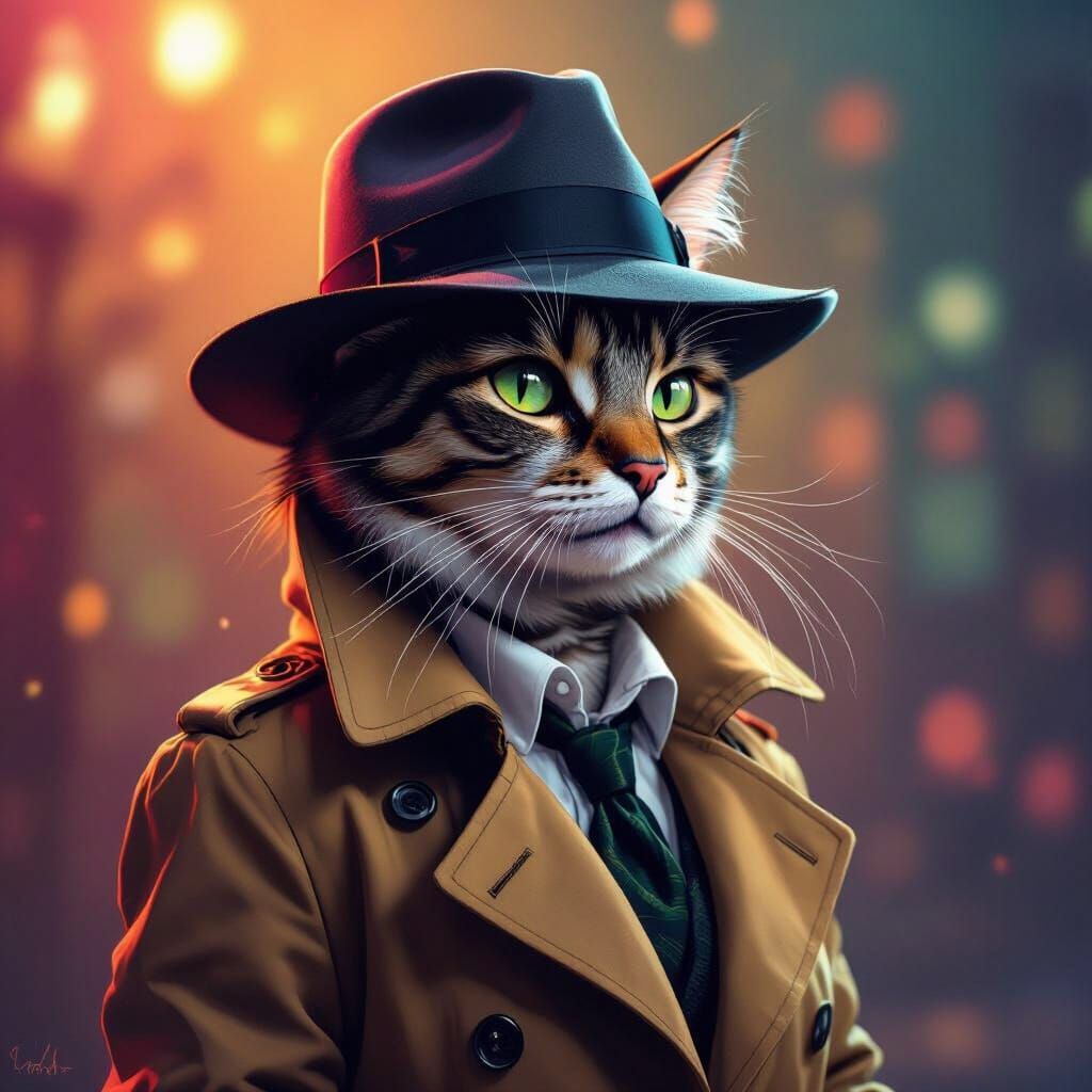 Film Noir Cat Detective in Hyperrealistic Splash Art Style