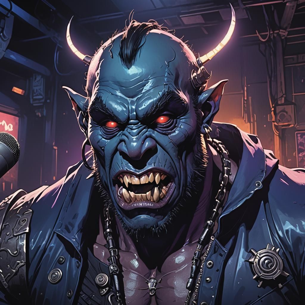 Demonic Orc Rapper in Dark Fantasy Manga Style