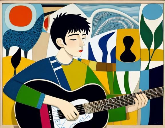 Boy Playing Guitar in Surrealist Pop Art Style