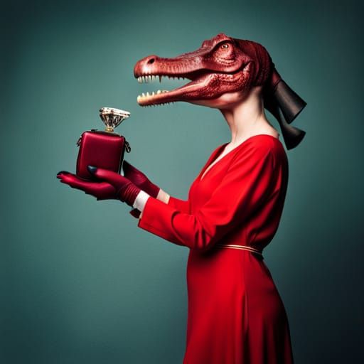 Alligator in Red Dress Carries Head