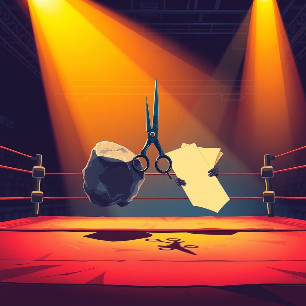 Rock, Scissors, and Paper Clash in a Vibrant Wrestling Ring
