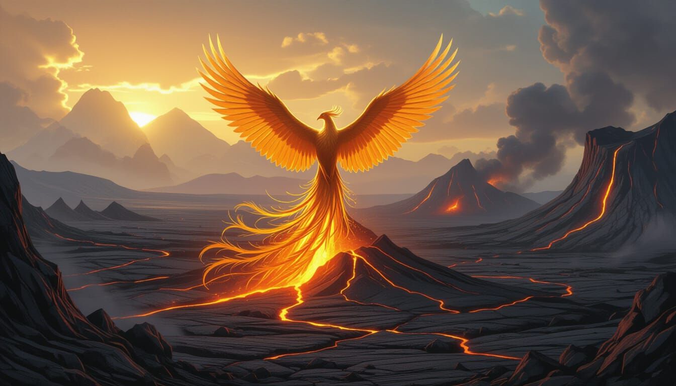 Ethereal Phoenix Rises From Volcano in Epic Fantasy Art Styl...