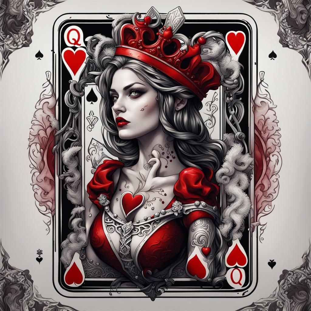 Queen of Hearts Tattoo Stencil: Detailed Matte Painting