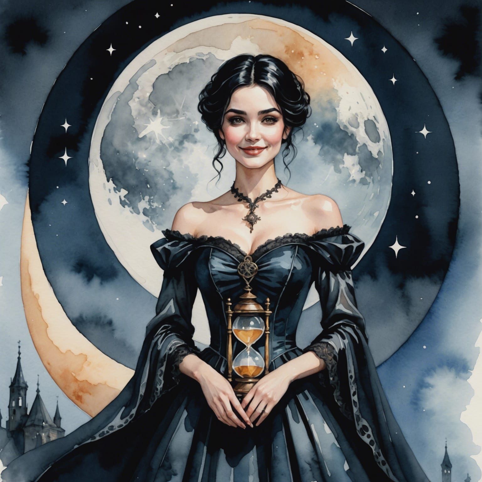 Woman in Gothic Gown Smiling at the Moon in Watercolor