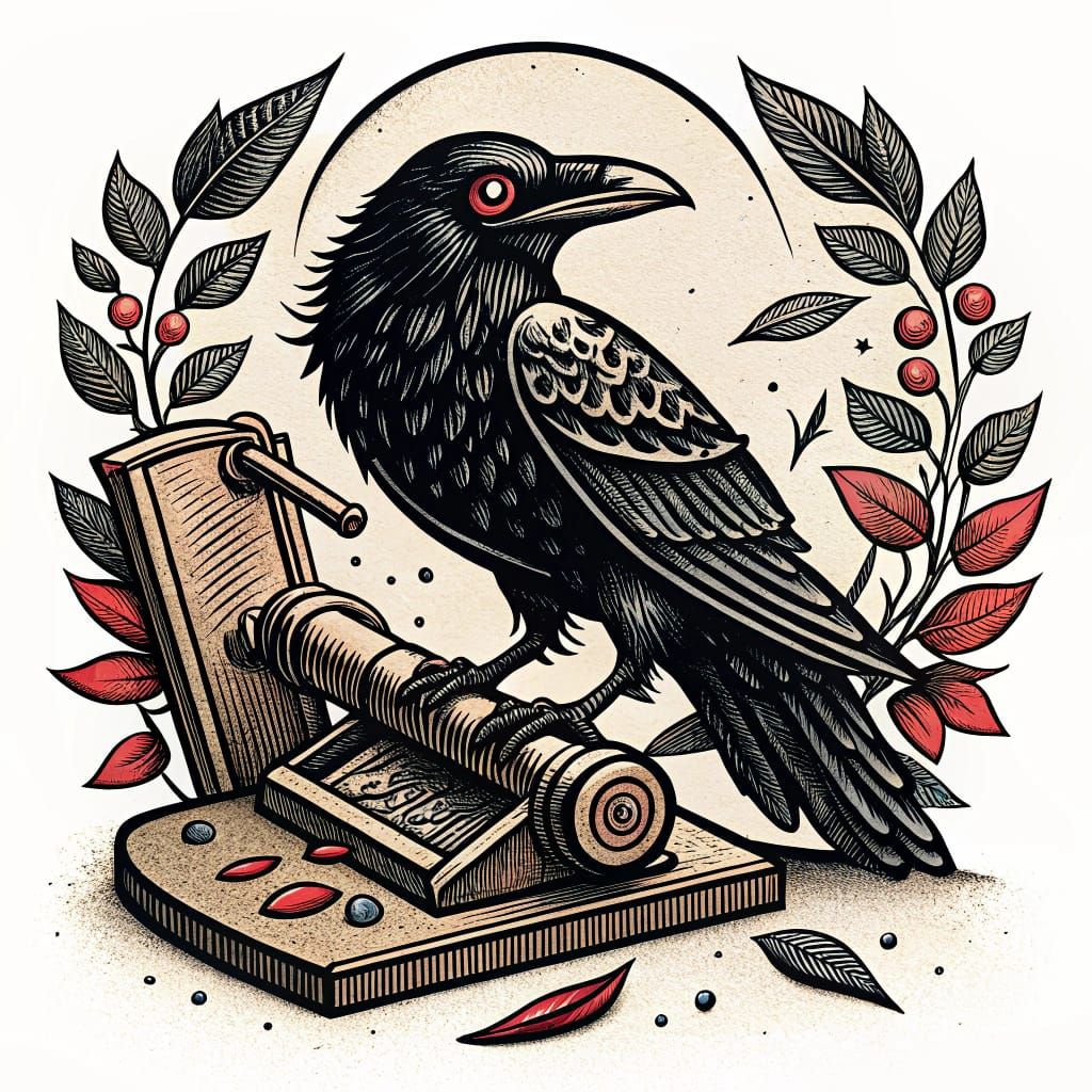 Vintage-Inspired Crow Perched on Printmaking Ink Brayer
