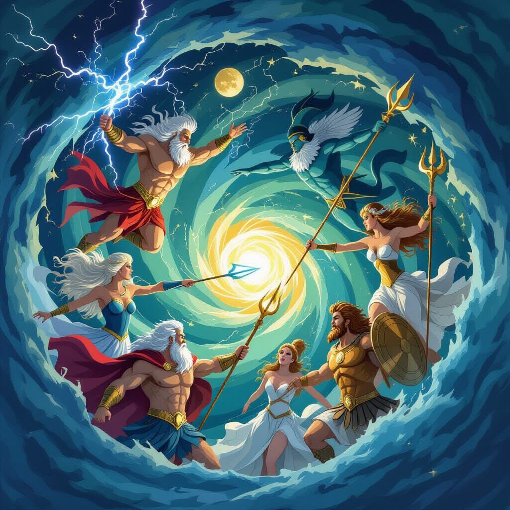 Greek Gods Unite in Elemental Fusion, Renaissance Fresco Sty...