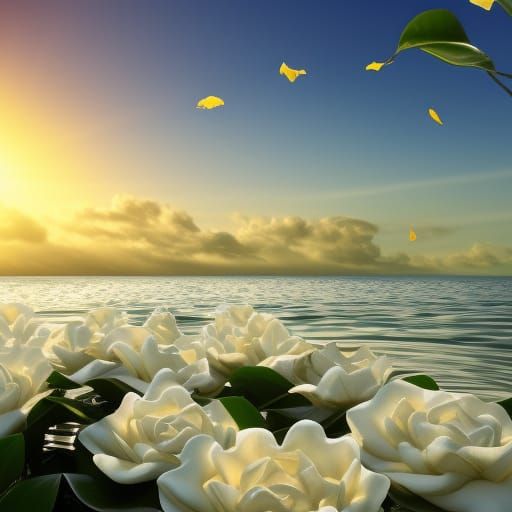 Floating Gardenia Flowers in Dreamy Sunrise Scene