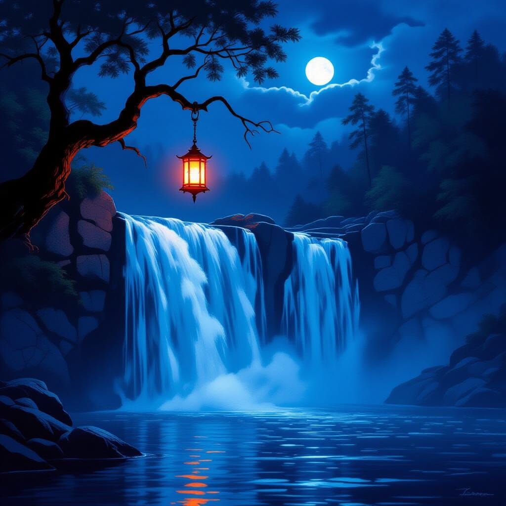 Majestic Waterfall With Glowing Lantern at Night