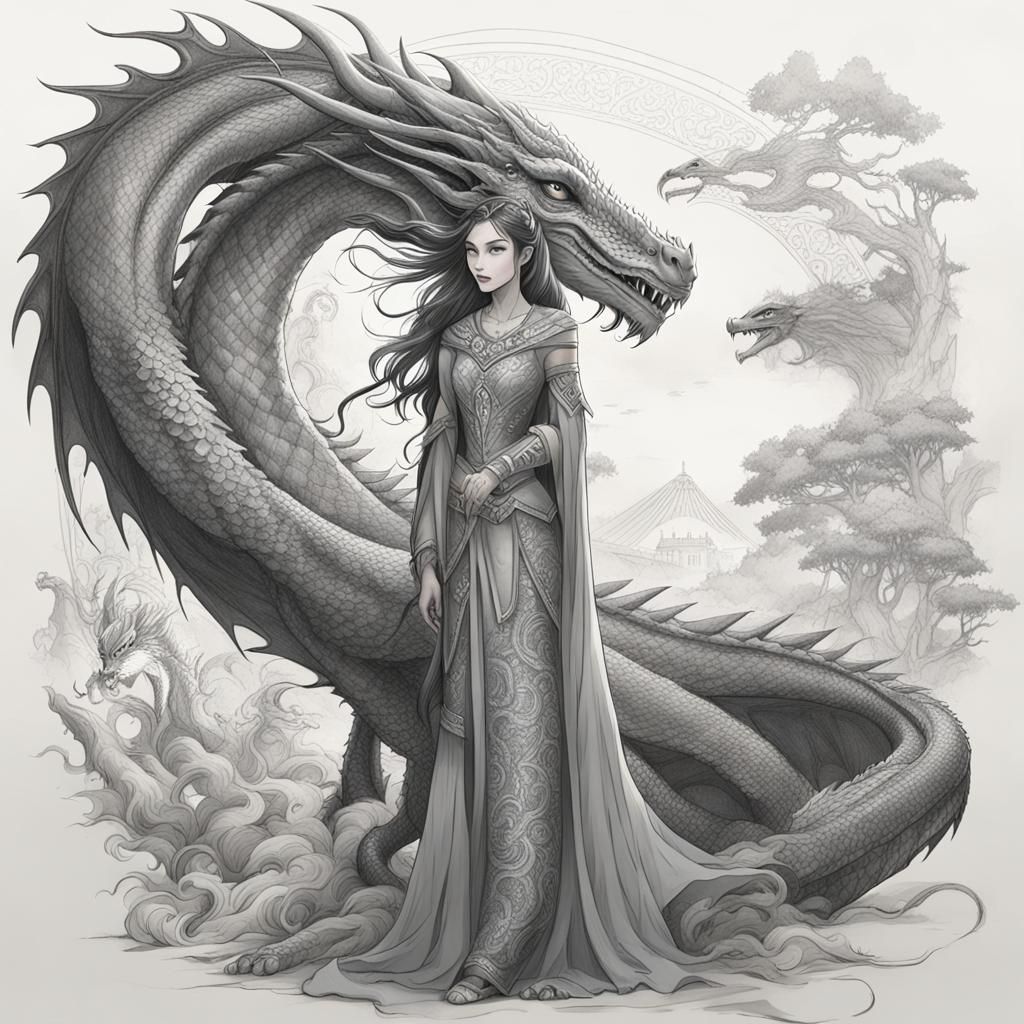 Woman and Dragon Sketch Art