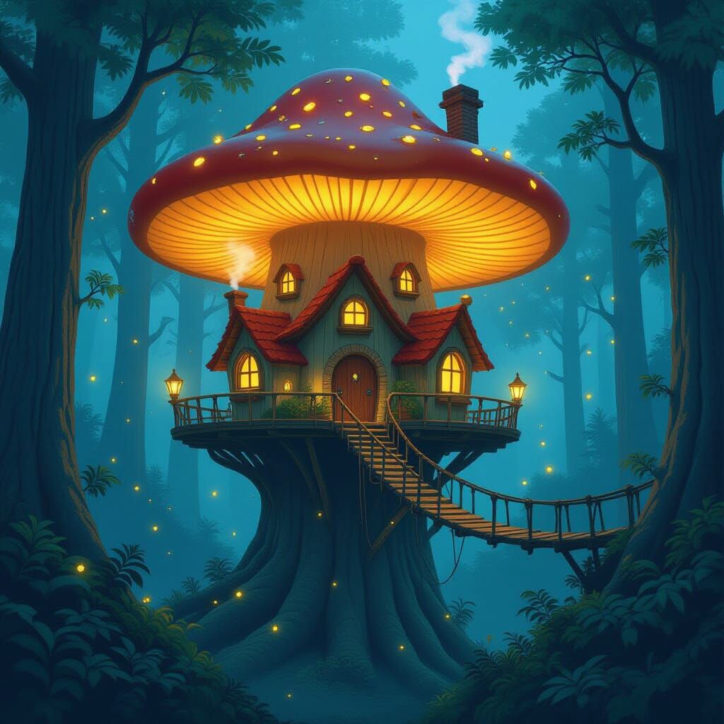 Whimsical Treehouse Village in Glowing Mushroom Forest