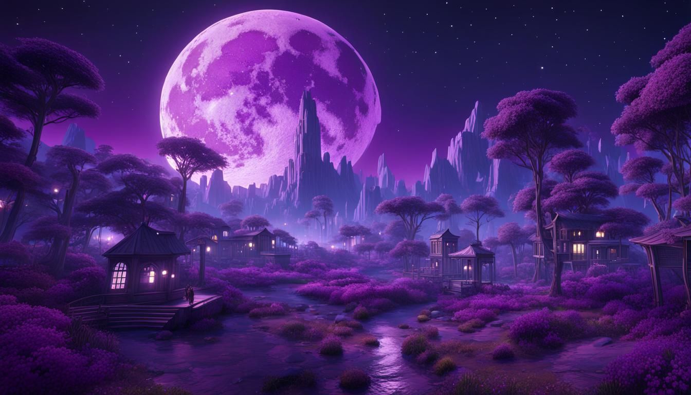 Utopian Purple World at Night: Detailed Maximalist Art