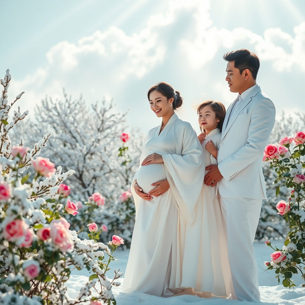 Winter Landscape with Family in Sunlight, Dreamlike Painting