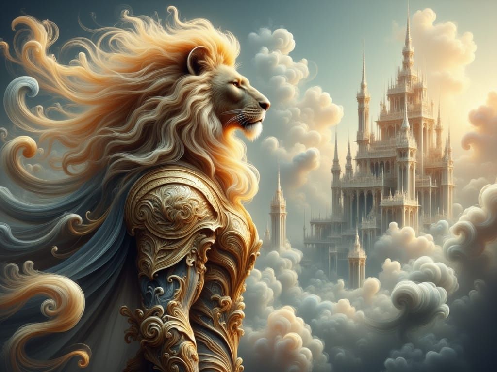 Regal Lion Knight Guards Crystal City in Ethereal Splendor