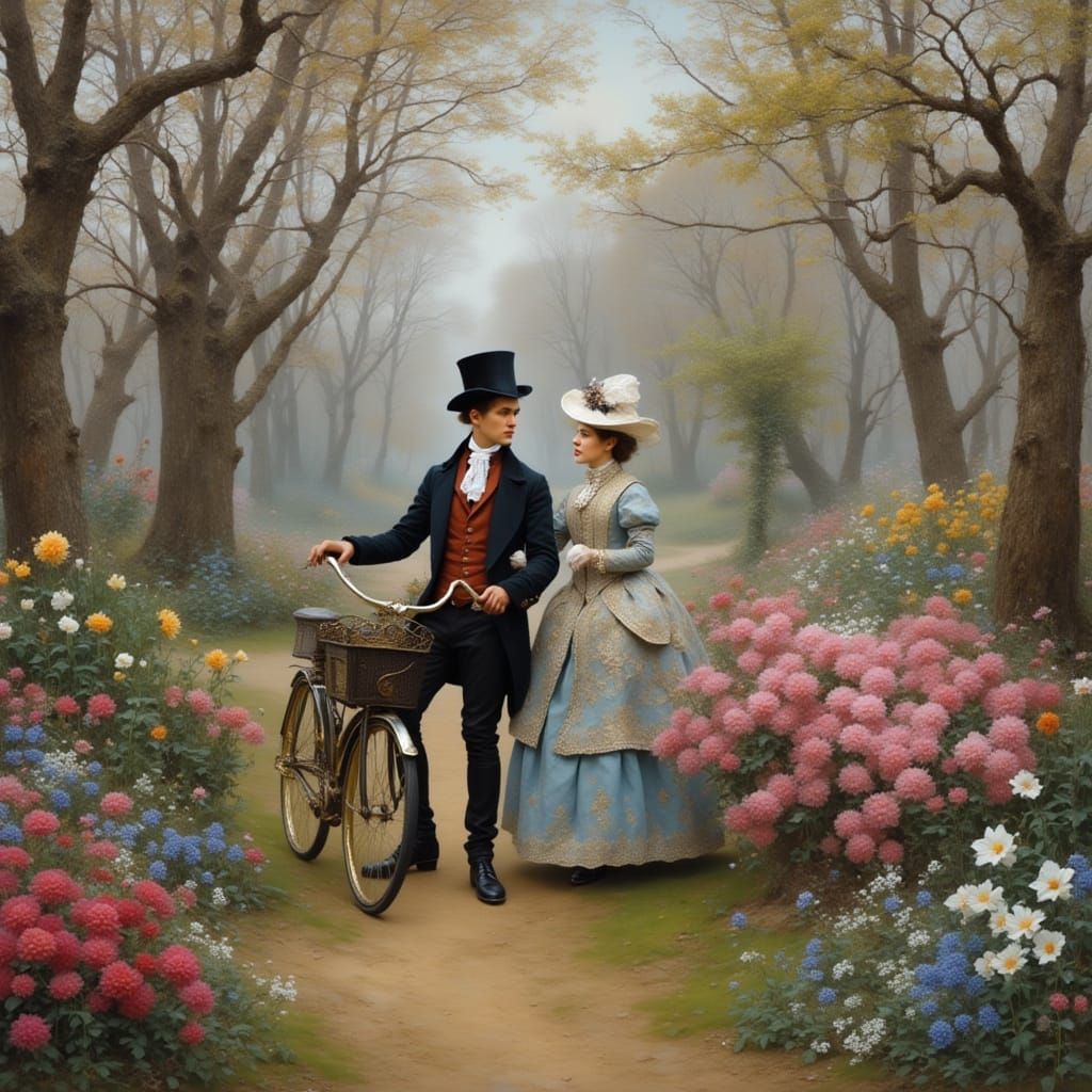 Romantic 19th-Century Couple Stroll Through Vibrant Spring P...