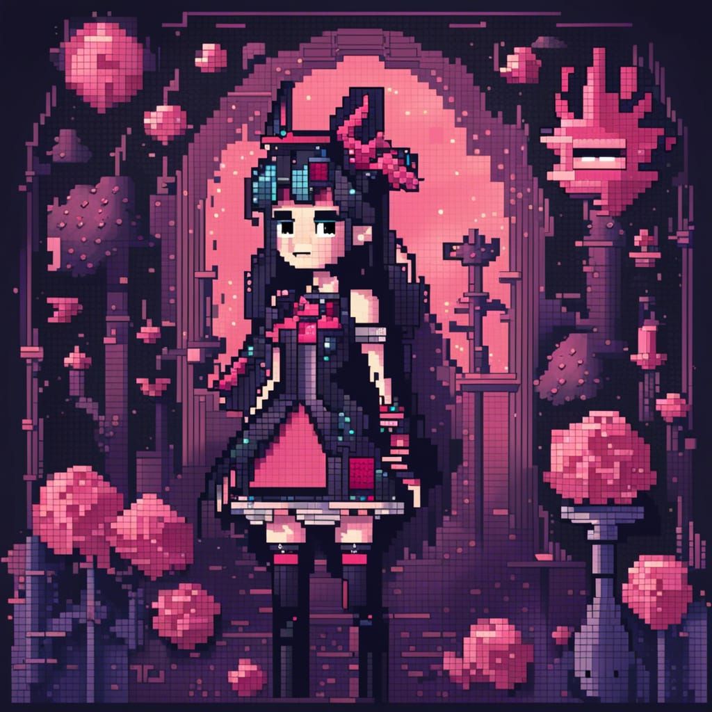 Magical Girl in Gothic Pixel Art Style
