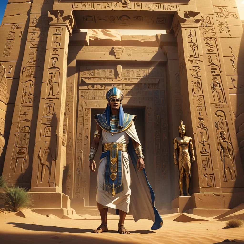 Egyptian Priest at Desert Temple: Vibrant Digital Art