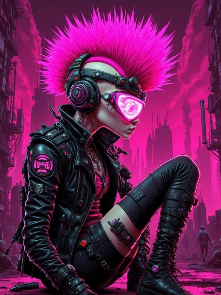 Cyberpunk Goblin Punk Rocker with Neon Pink Mohawk