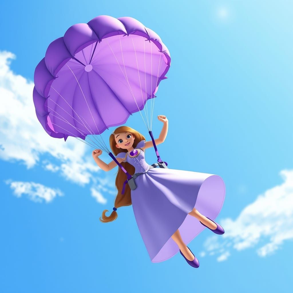 Princess Sofia Skydiving with Purple Parachute, Disney Style