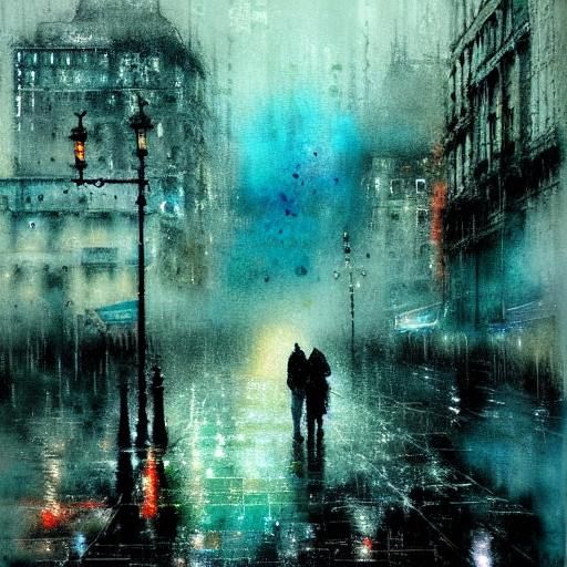 Rainy Cityscape in Watercolor with Intricate Detail