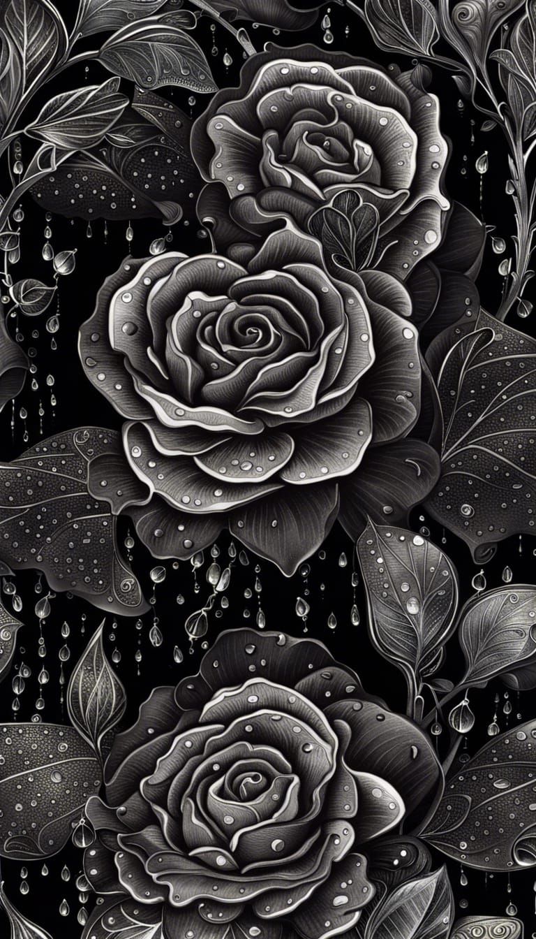 Art Nouveau Black Rose with Silver Dewdrops