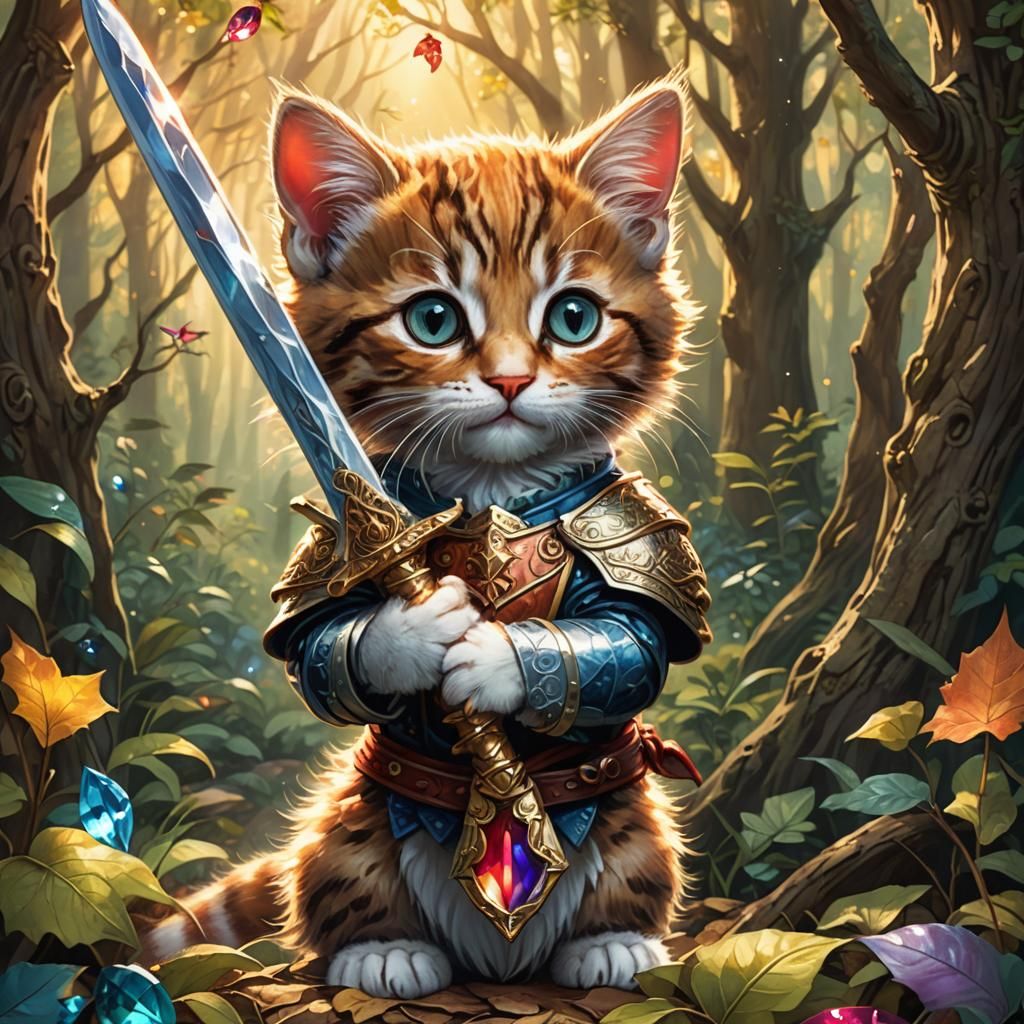 Kitten Knight in Enchanted Forest, Stained Glass Art