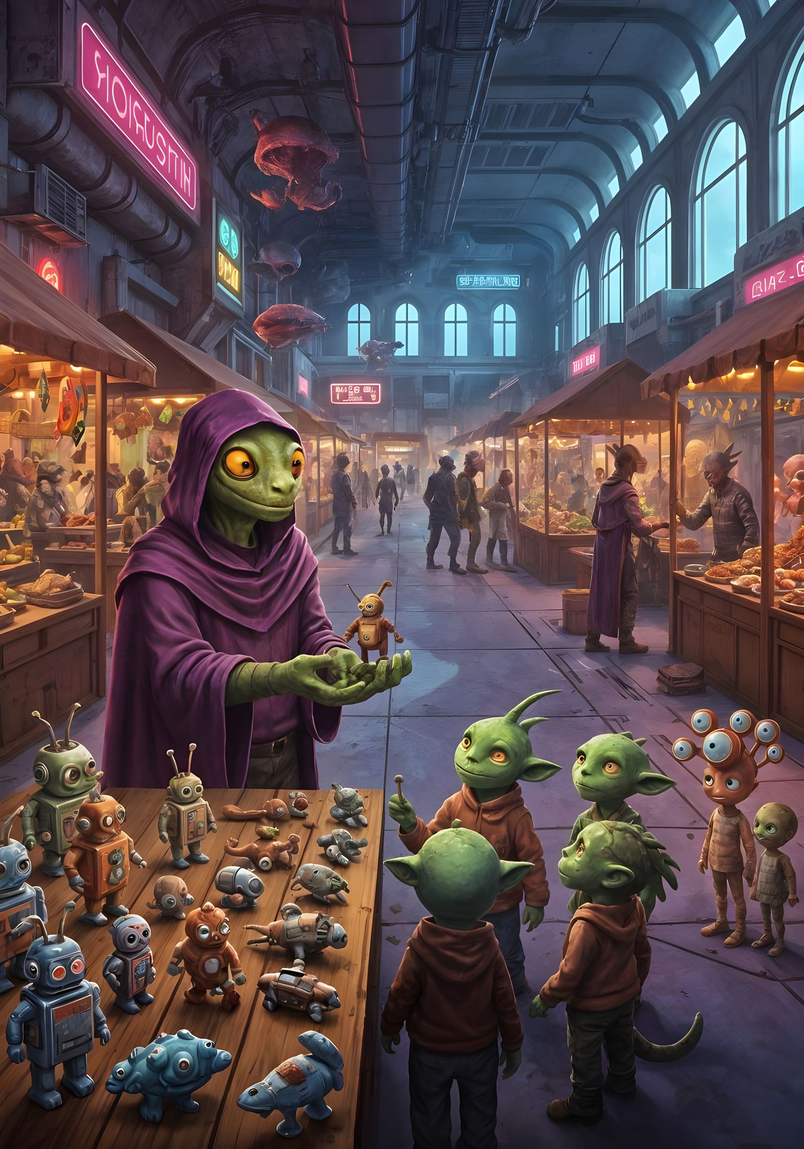 Retro-Futuristic Alien Market in Space Station