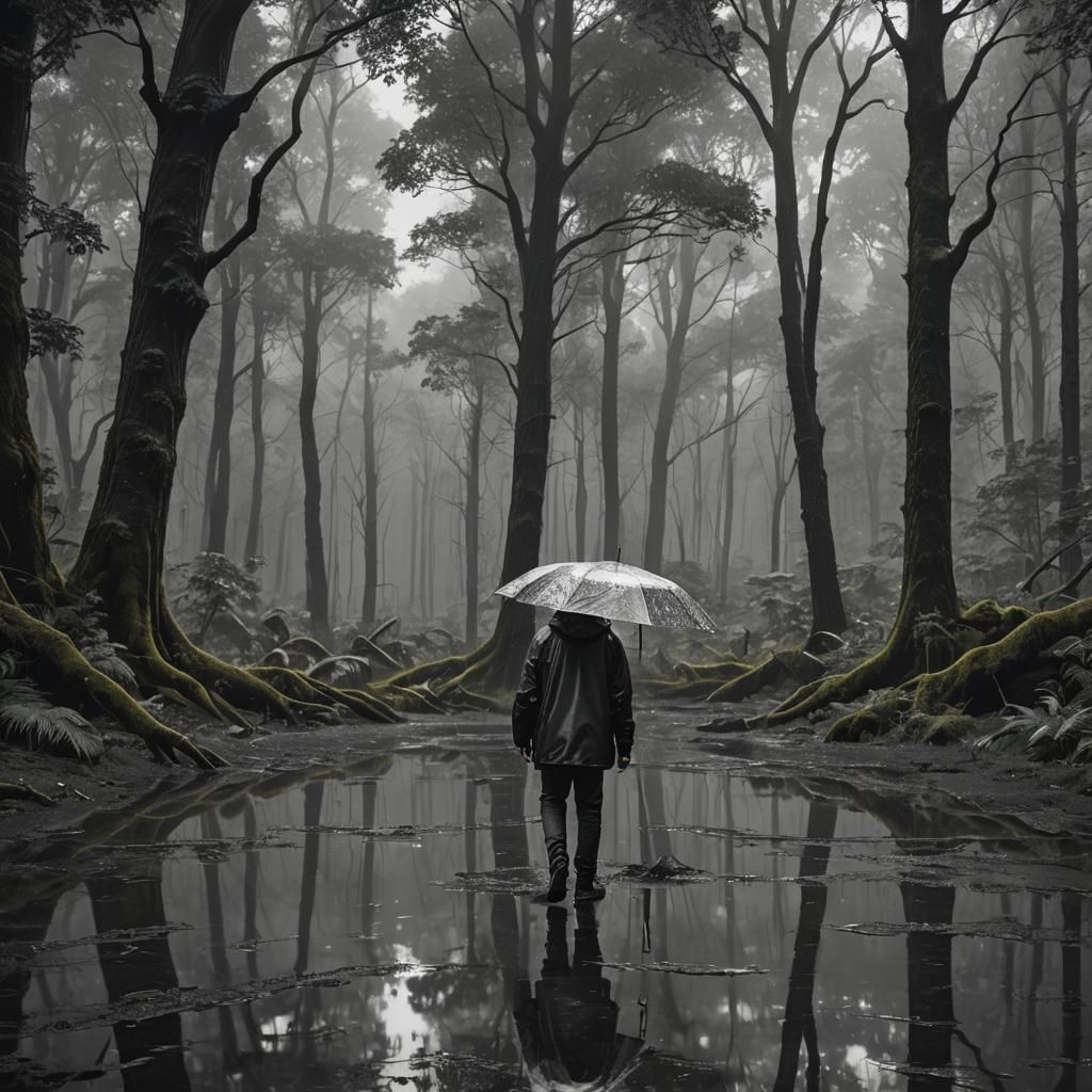 Man in Rain Jacket Looks at Puddle