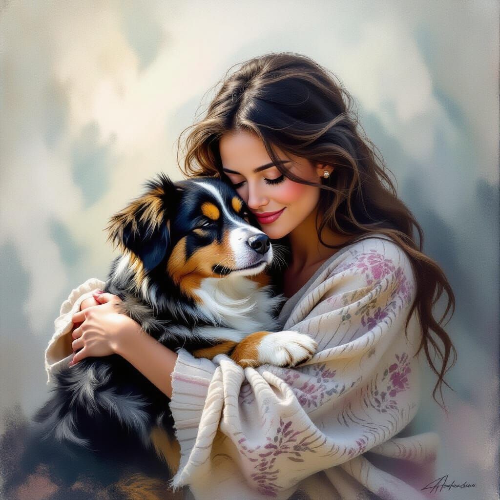 Woman Embracing Dog in Ethereal Fantasy Style