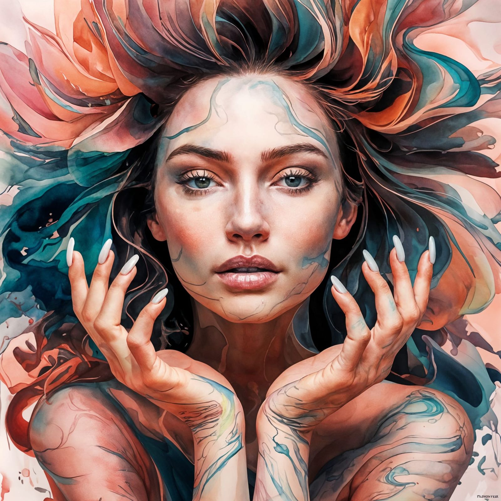 Abstract Watercolor Portrait of a Beautiful Woman