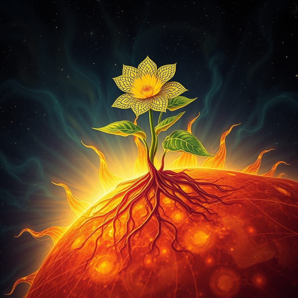 Lush Plant on Sun's Surface in Zentangle Art Style