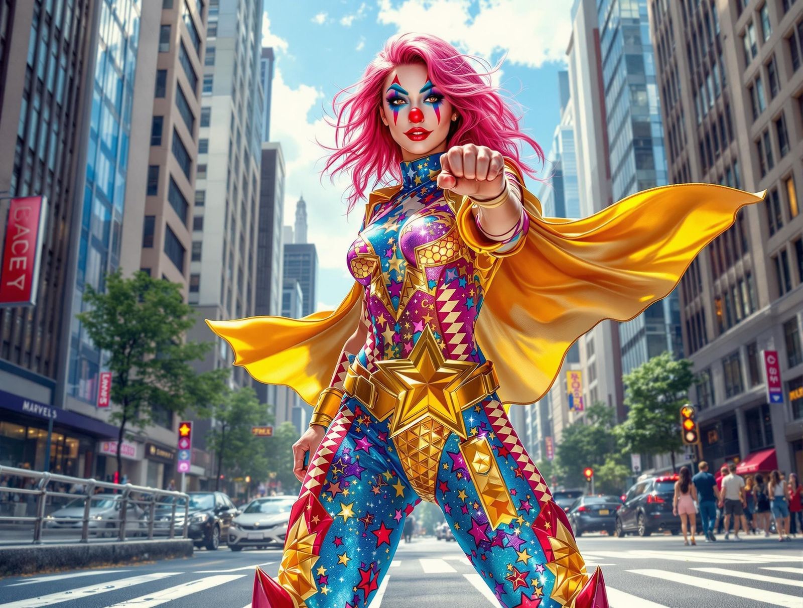 Cyberpunk Superheroine in Bold, Colorful Comic Book Style