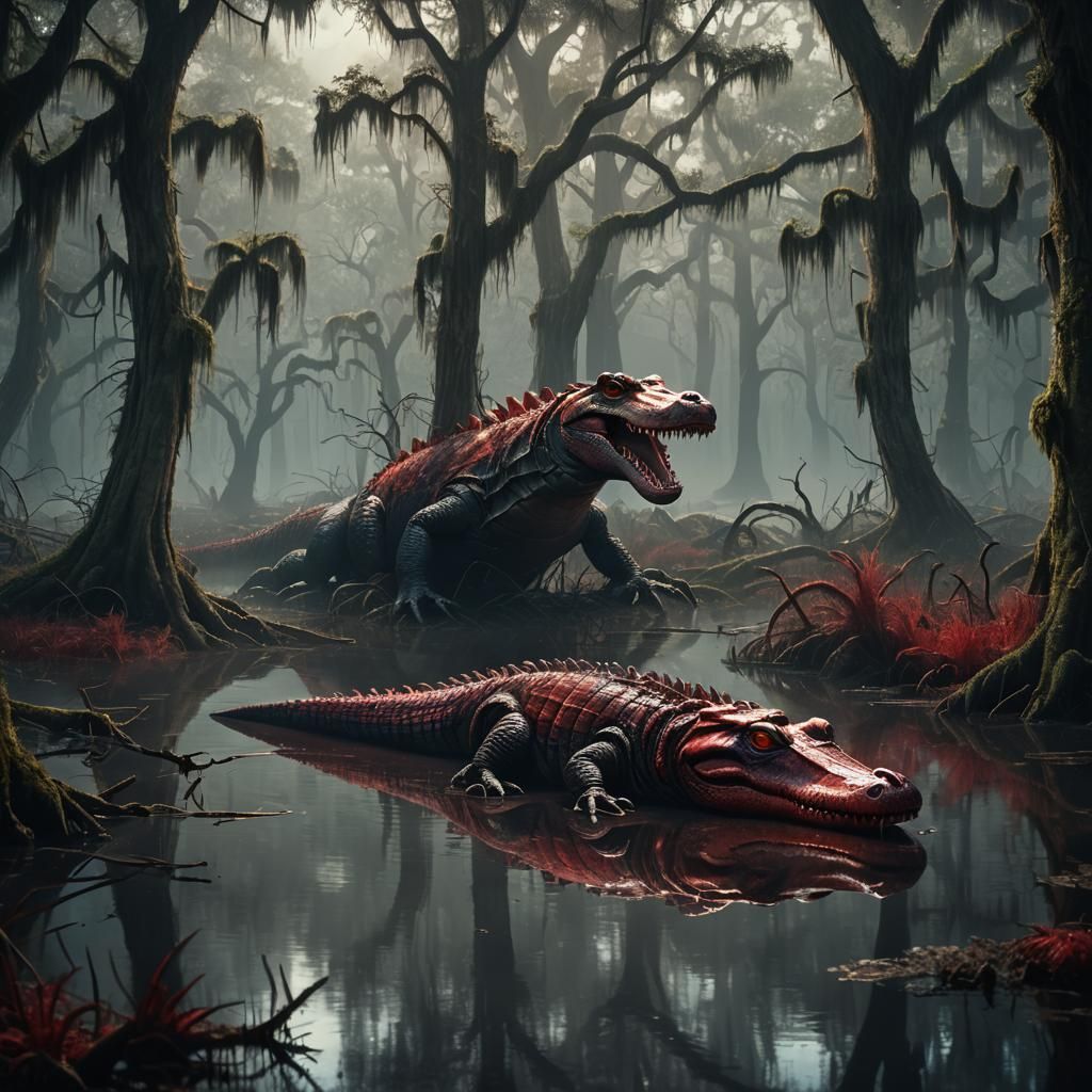 Blood Red Alligator in Bioluminescent Swamp: Fantasy Art