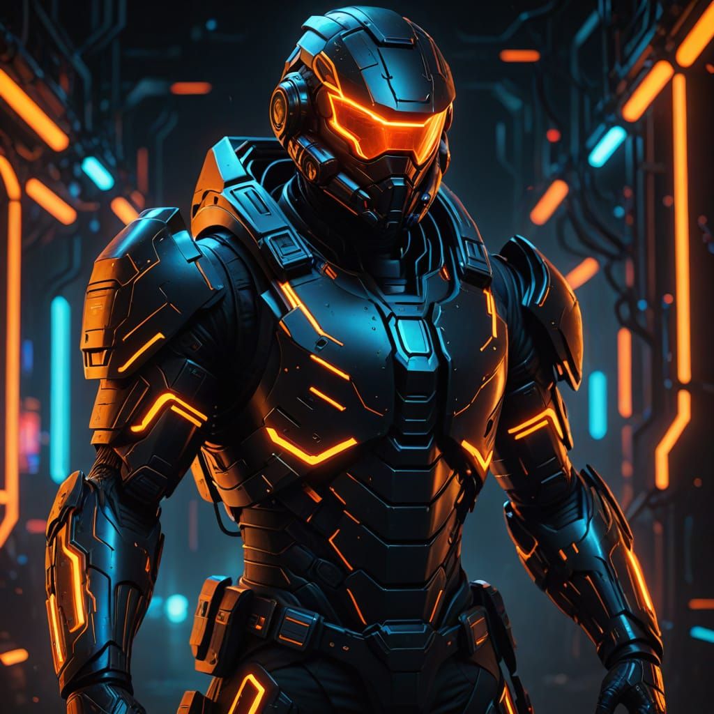 Futuristic Cyber Soldier with Energy Weapon in Cyberpunk Sty...