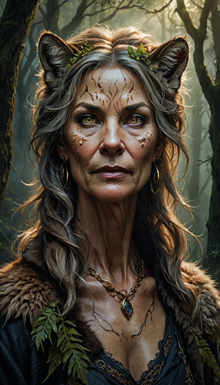 A digital portrait of a mature woman who is part animal, wit...