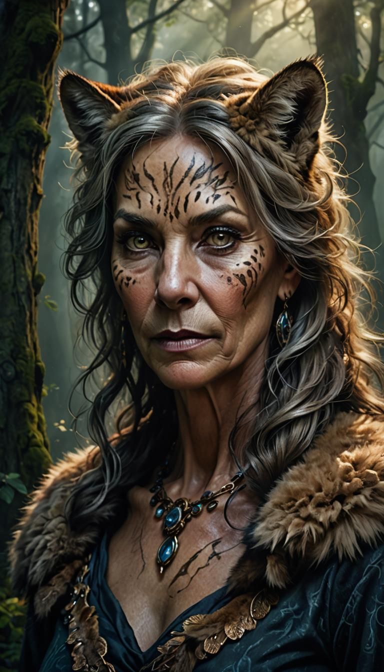 A digital portrait of a mature woman who is part animal, wit...