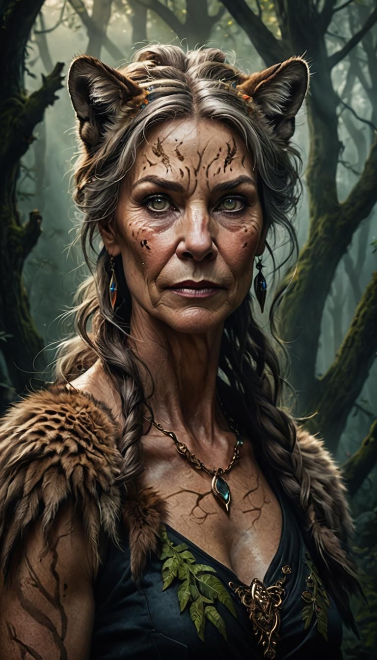 A digital portrait of a mature woman who is part animal, wit...