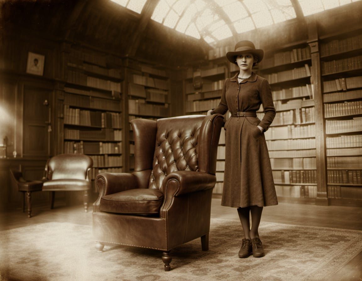 Vintage Woman in Sepia Library Photo
