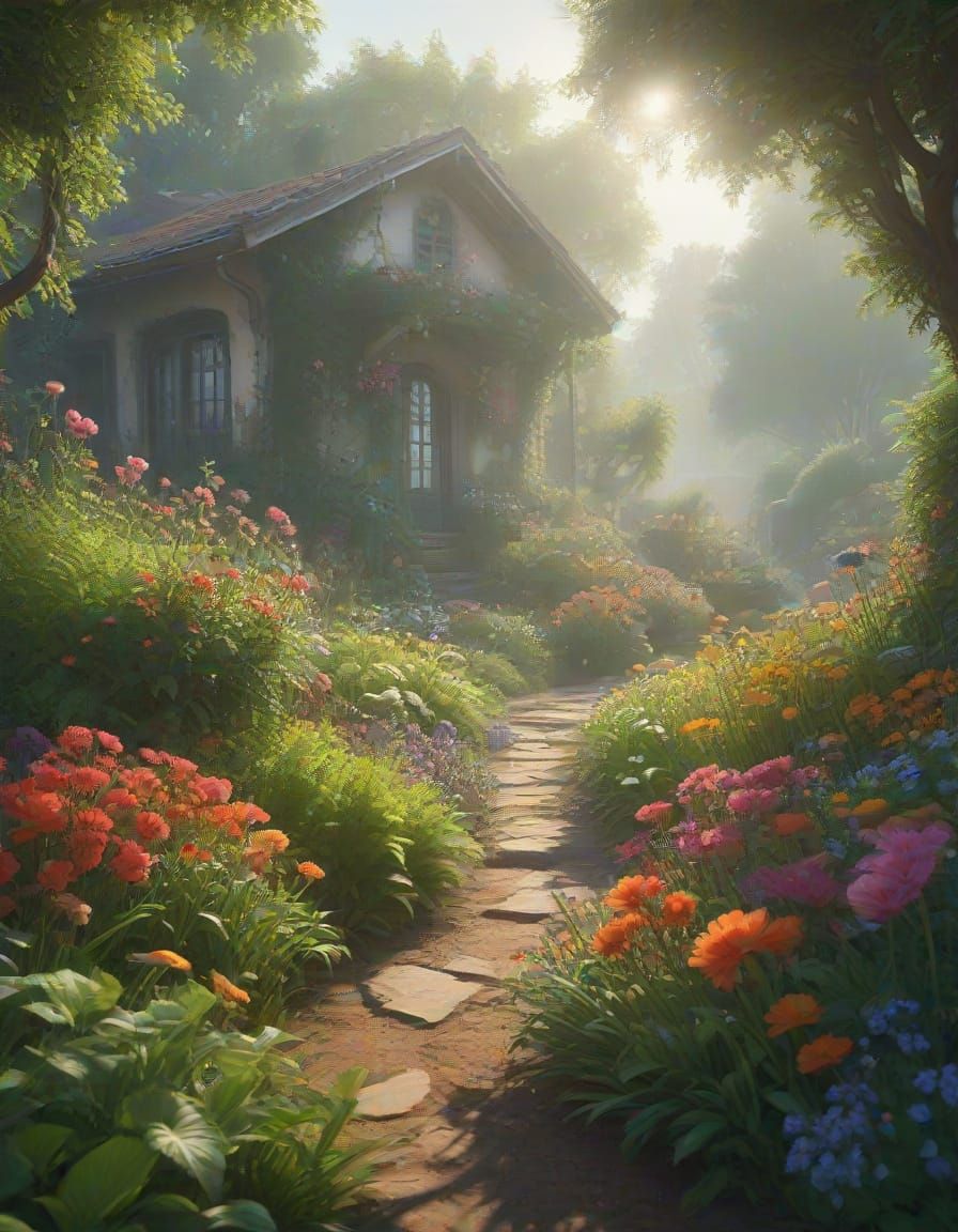 Gardener Weeding a Fantasy Garden in Matte Painting Style