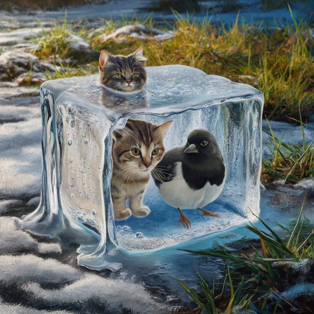 Surreal Close-up Melting Ice Cube Scene in a Bright Day Gras...