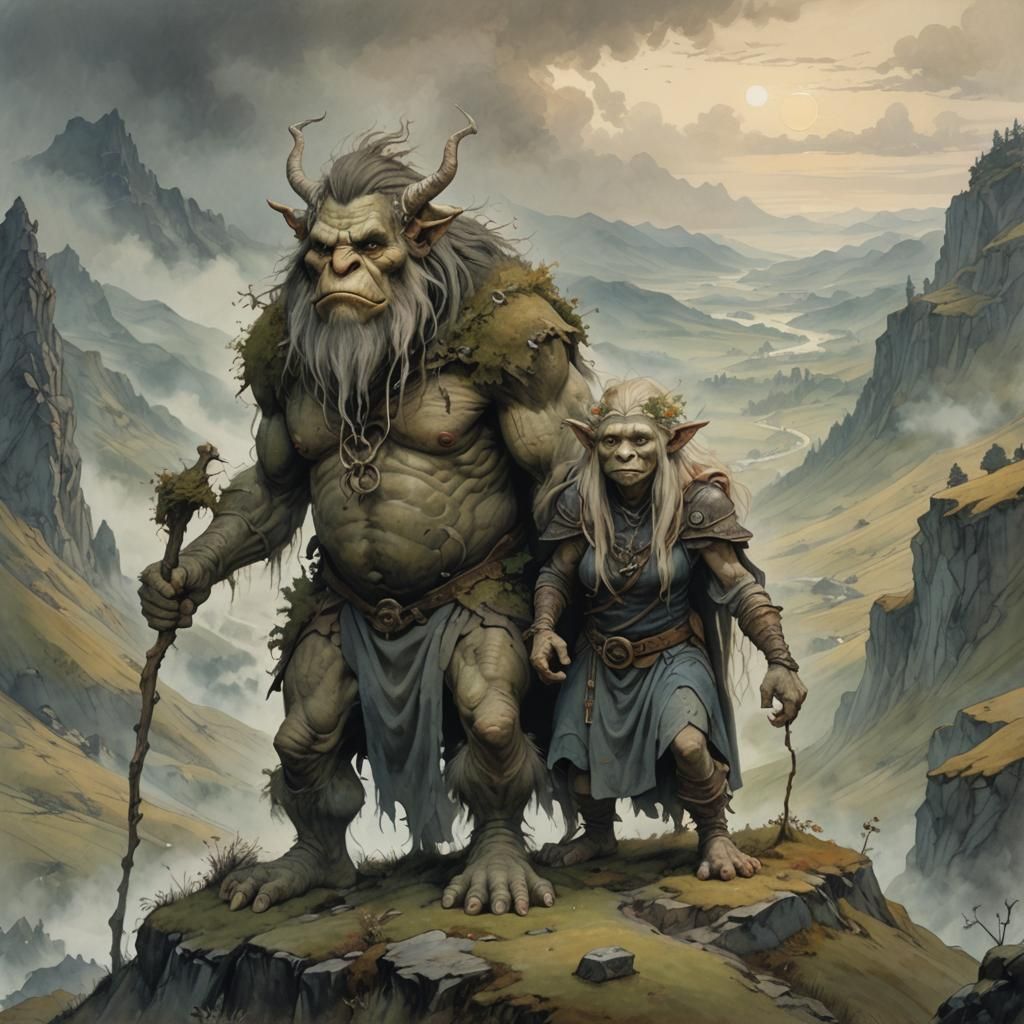 Germanic Trolls on Hillside in Brian Froud Style