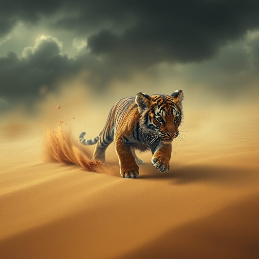 Tiger Cub in Desert Sandstorm: Fantasy Concept Art