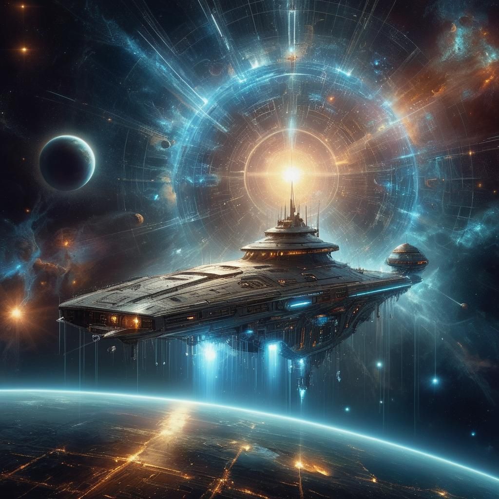 Futuristic Spaceship Gliding Under Celestial Eye