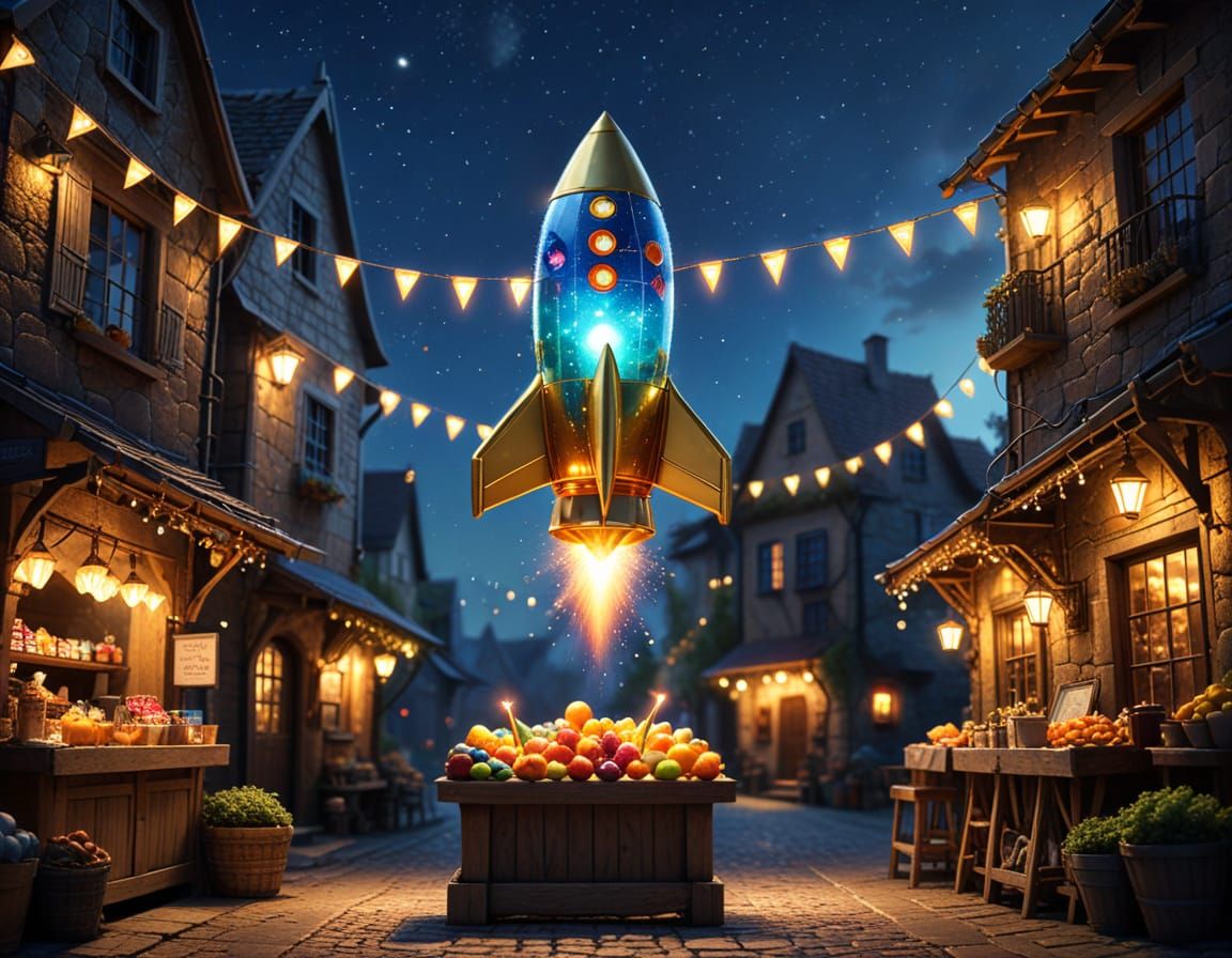 Medieval Tavern Scene with Rocket Ship Beach Decor