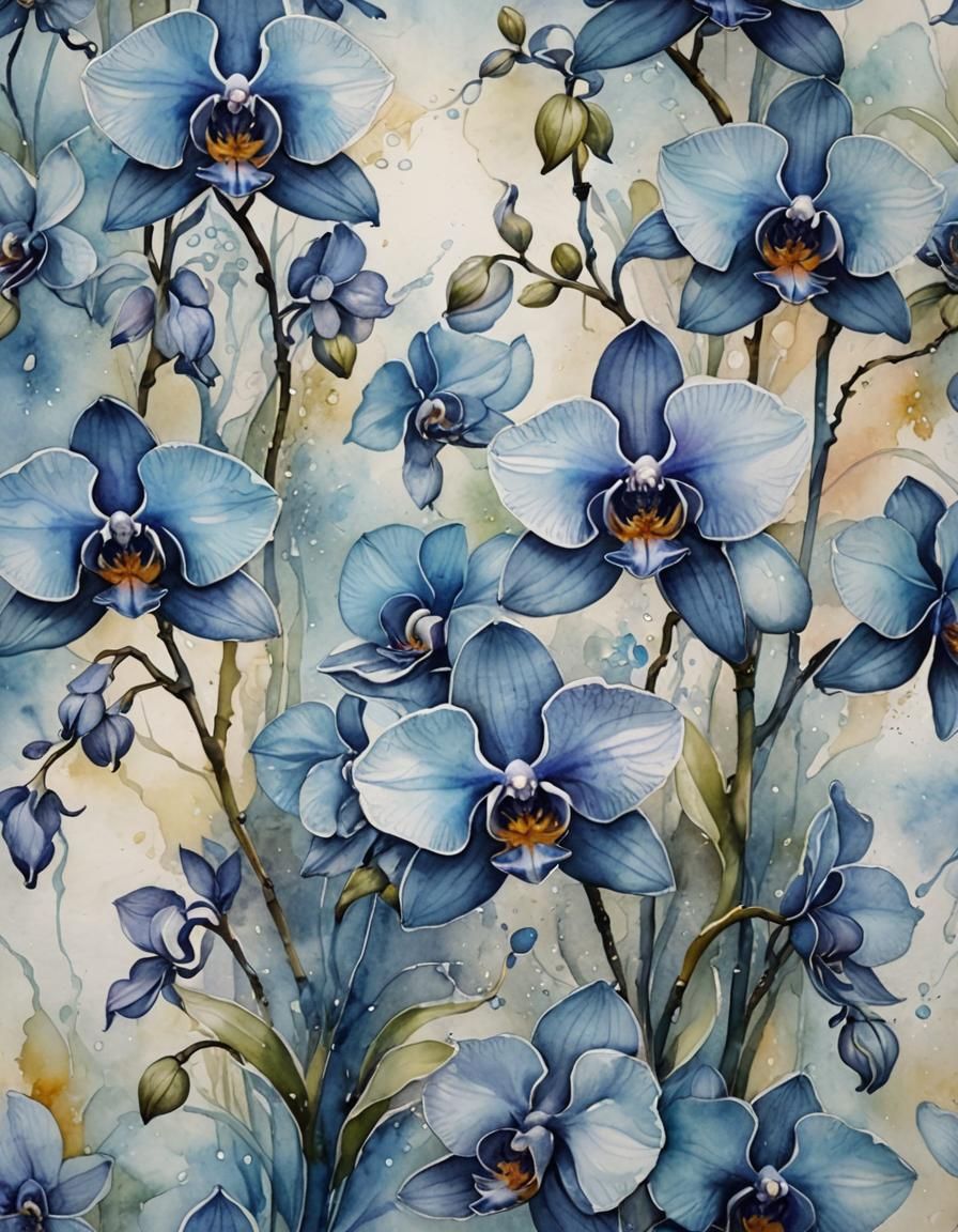 Blue Orchid Flowers, Watercolor Abstract Painting