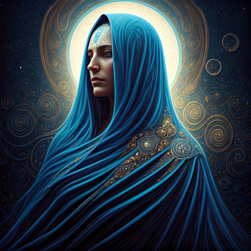 Mystical Blue Figure in Astral Cosmic Dreamscape