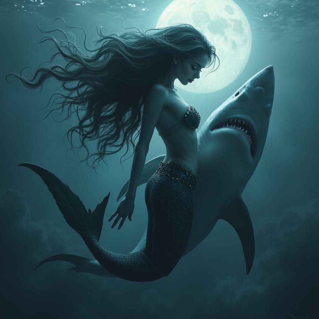 Deep-Sea Mermaid Entwined with Majestic Shark in Dark Fantas...